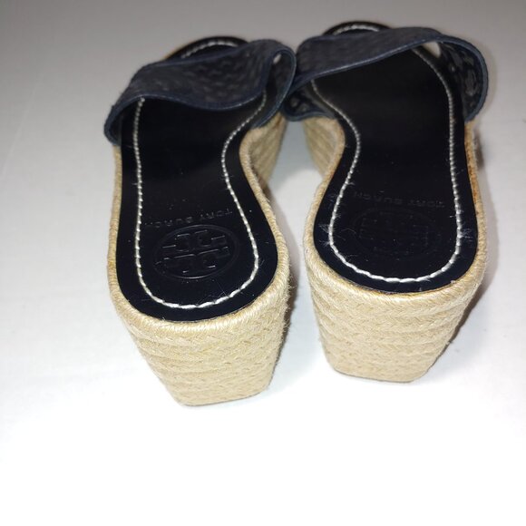 Tory Burch Black Perforated Slide Leather Espadrille Wedge Sandals Size 8 - Picture 6 of 10